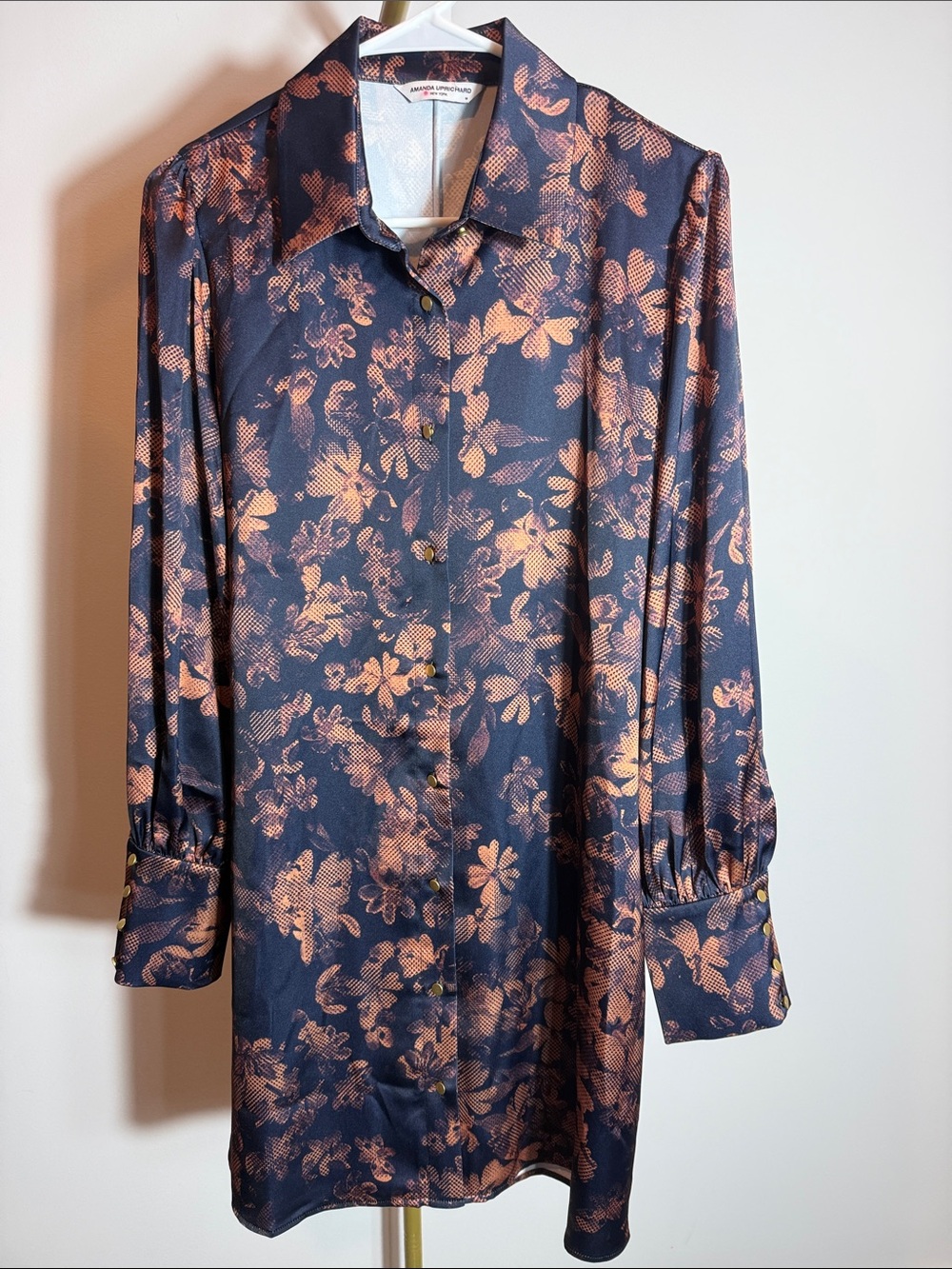 Amanda Uprichard New York Floral Satin Shirt Dress Medium Navy Copper Mini